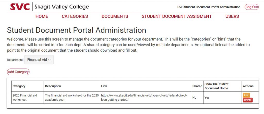 A screen shot of the student document repository user interface.